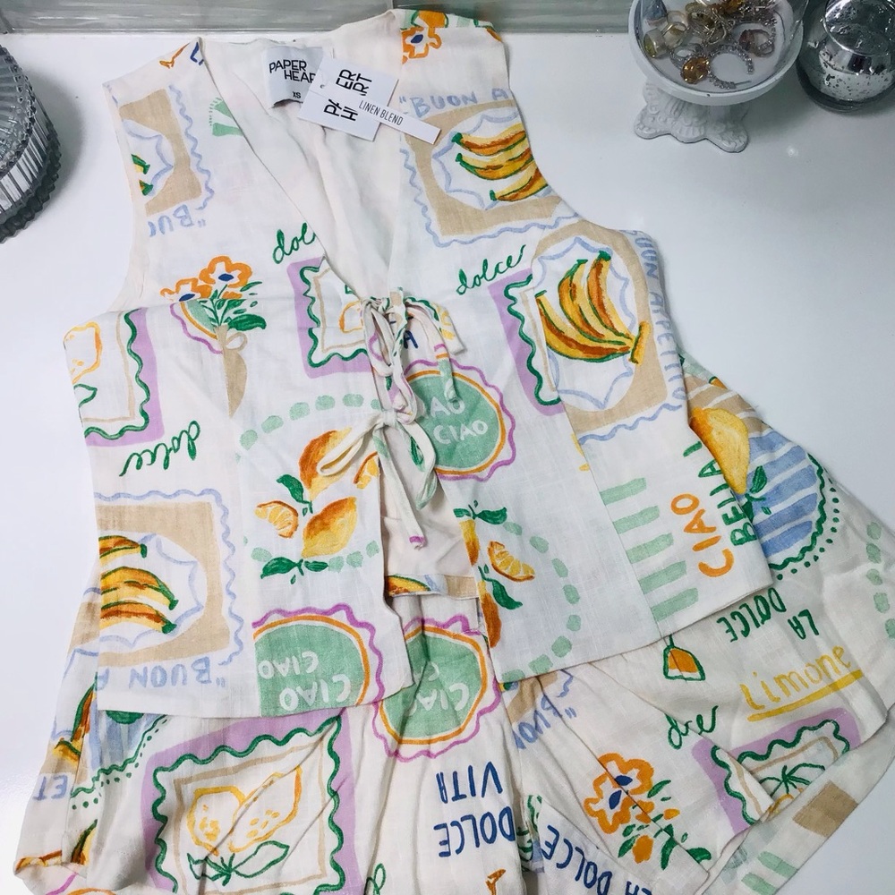 Paper Heart Postcard Linen Blend Shorts Set XS NwT